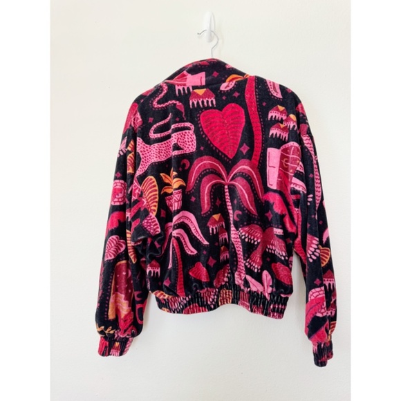 FARM RIO Black Tropical Magic Plush Velvet Bomber Jacket Back Pink S - Picture 5 of 11